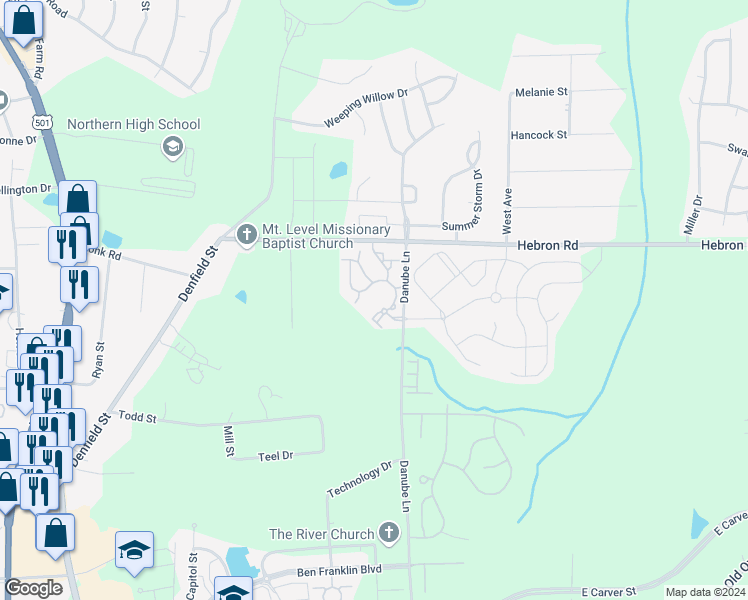 map of restaurants, bars, coffee shops, grocery stores, and more near 4801 Danube Lane in Durham