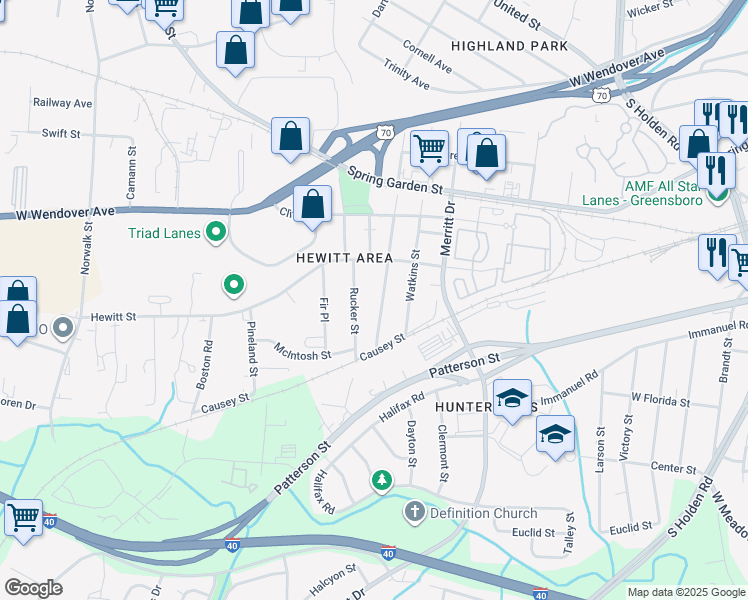 map of restaurants, bars, coffee shops, grocery stores, and more near 1000 Cranbrook Street in Greensboro