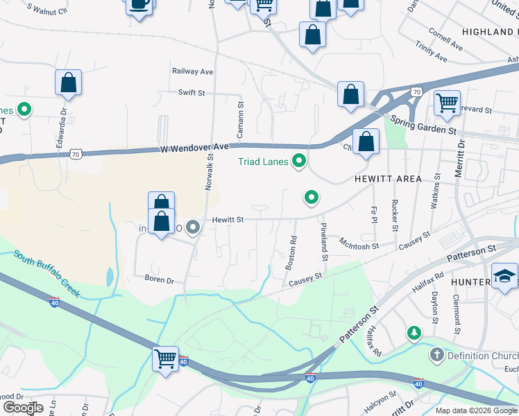 map of restaurants, bars, coffee shops, grocery stores, and more near in Greensboro