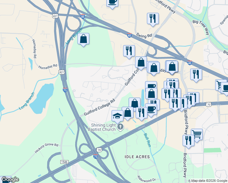 map of restaurants, bars, coffee shops, grocery stores, and more near in Greensboro