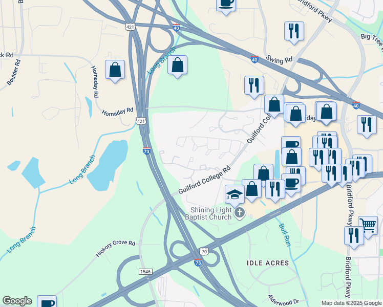 map of restaurants, bars, coffee shops, grocery stores, and more near 5729 Bramblegate Road in Greensboro
