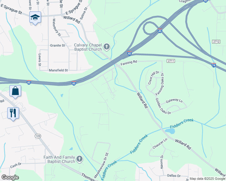 map of restaurants, bars, coffee shops, grocery stores, and more near 1502 Oakshire Court in Winston-Salem