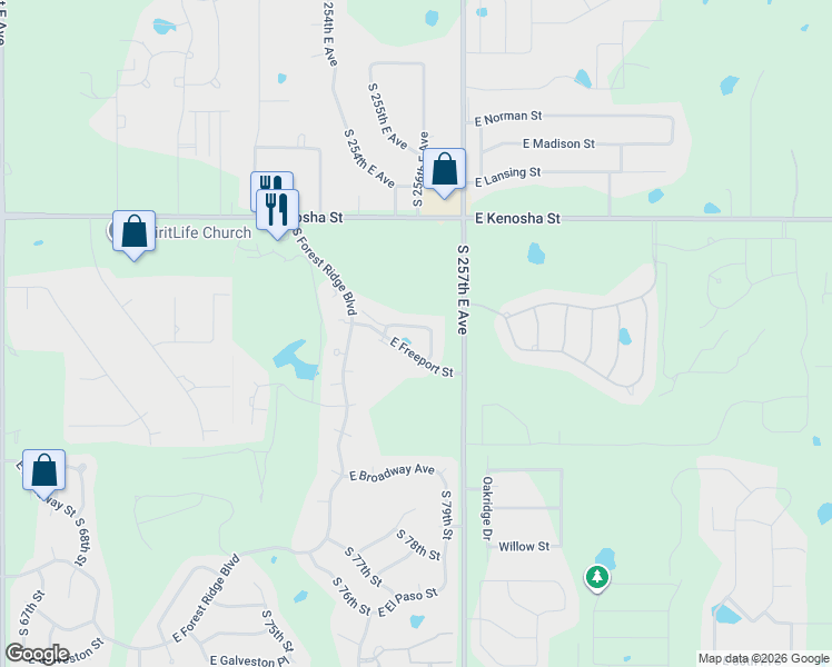 map of restaurants, bars, coffee shops, grocery stores, and more near 7905 East Freeport Place in Broken Arrow
