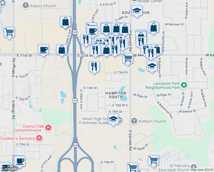 map of restaurants, bars, coffee shops, grocery stores, and more near 10907 East 74th Street in Tulsa