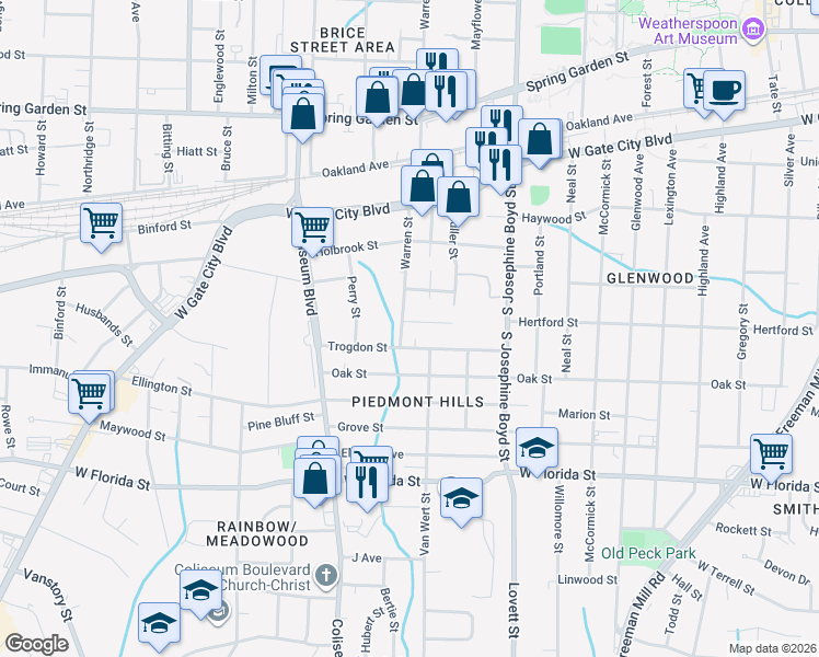 map of restaurants, bars, coffee shops, grocery stores, and more near 1727 Hertford Street in Greensboro