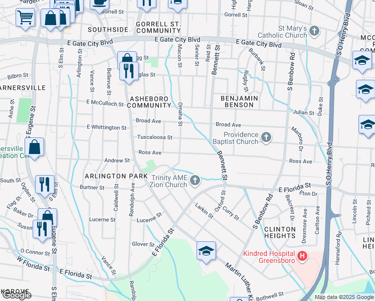 map of restaurants, bars, coffee shops, grocery stores, and more near 807 Ross Avenue in Greensboro