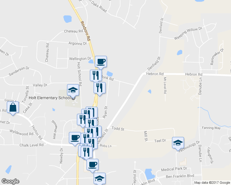 map of restaurants, bars, coffee shops, grocery stores, and more near 4507 Laymans Chapel Road in Durham