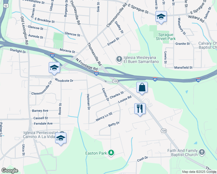 map of restaurants, bars, coffee shops, grocery stores, and more near 1109 Leona Street in Winston-Salem