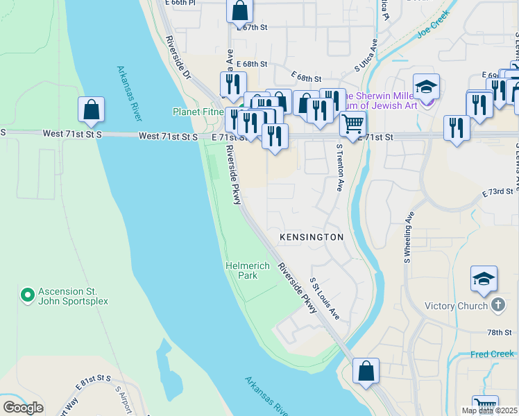 map of restaurants, bars, coffee shops, grocery stores, and more near 7401 Riverside Parkway in Tulsa