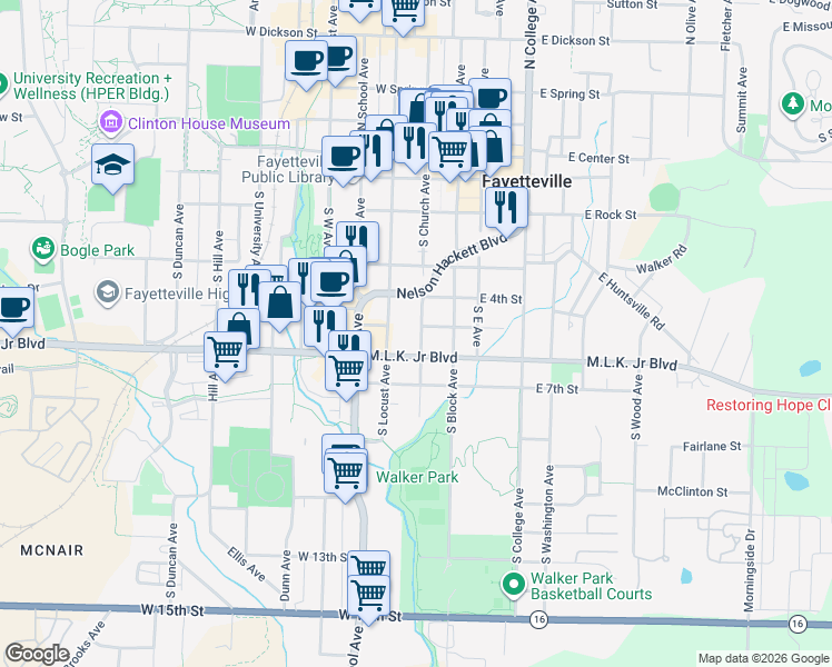map of restaurants, bars, coffee shops, grocery stores, and more near 509 South Church Avenue in Fayetteville