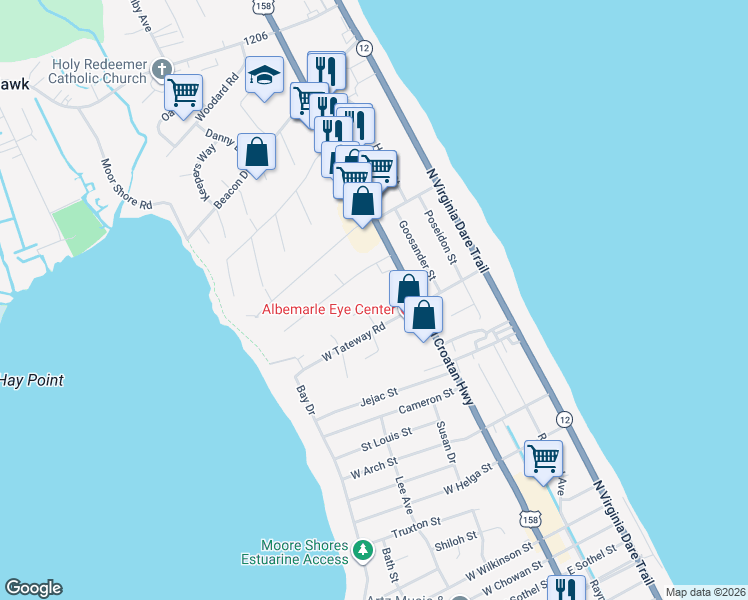 map of restaurants, bars, coffee shops, grocery stores, and more near 3615 Rabbit Hollow in Kitty Hawk