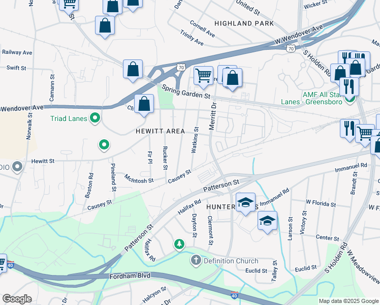 map of restaurants, bars, coffee shops, grocery stores, and more near 1012 Watkins Street in Greensboro