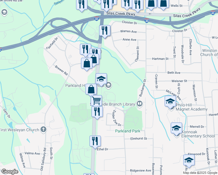 map of restaurants, bars, coffee shops, grocery stores, and more near 1600 Brewer Road in Winston-Salem