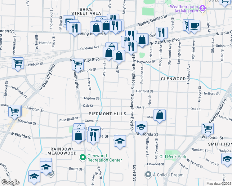 map of restaurants, bars, coffee shops, grocery stores, and more near 1703 Hertford Street in Greensboro
