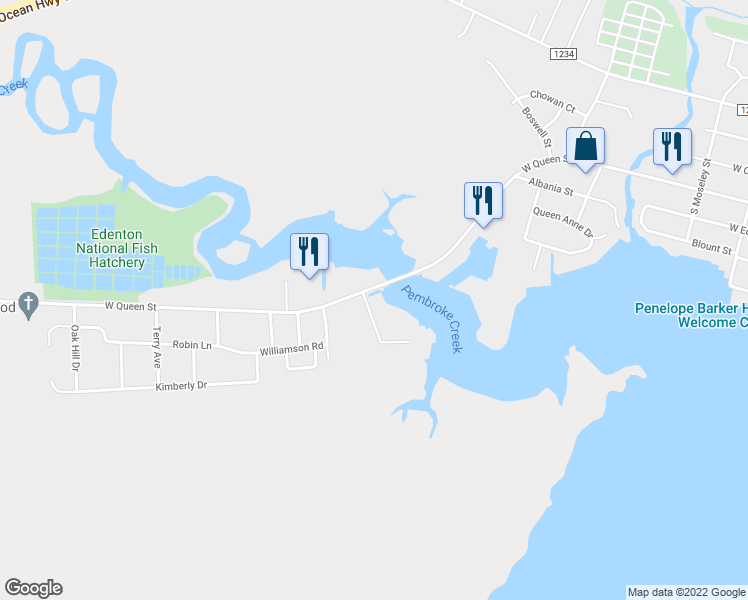 map of restaurants, bars, coffee shops, grocery stores, and more near 1 Old Fish Hatchery Road in Edenton