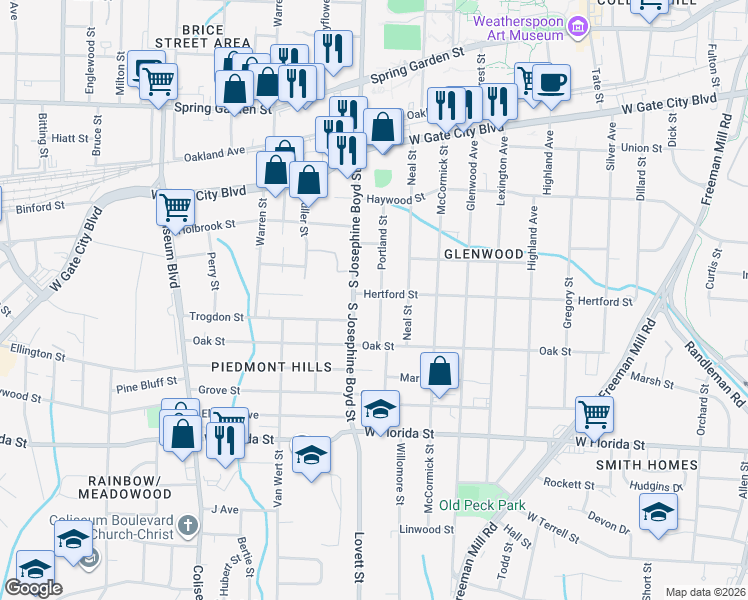 map of restaurants, bars, coffee shops, grocery stores, and more near 1100 Portland Street in Greensboro