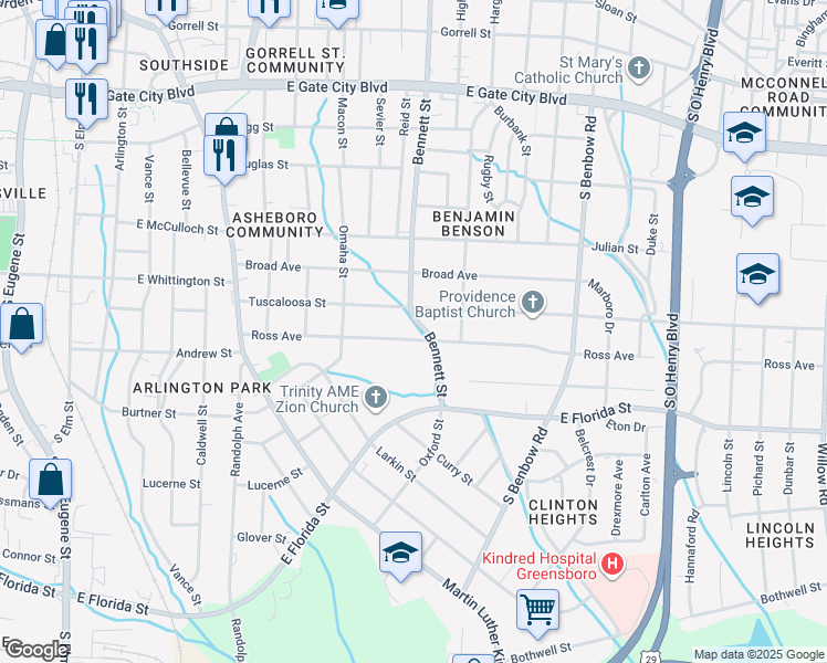 map of restaurants, bars, coffee shops, grocery stores, and more near 833 Ross Avenue in Greensboro