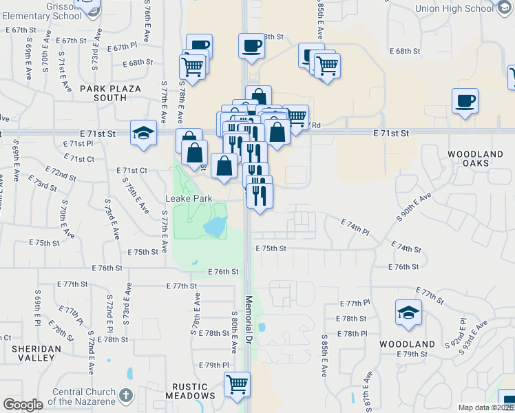 map of restaurants, bars, coffee shops, grocery stores, and more near 8109 East 74th Place in Tulsa