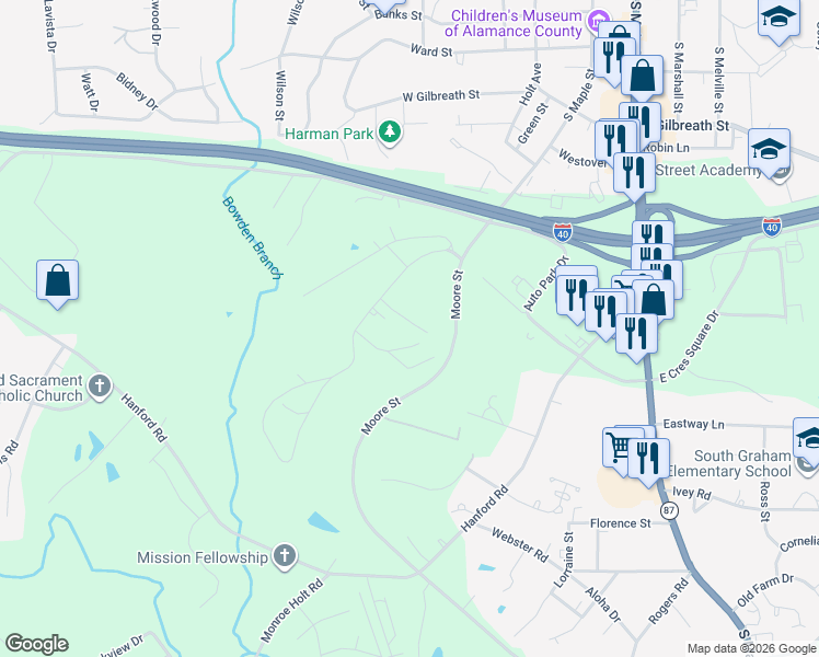 map of restaurants, bars, coffee shops, grocery stores, and more near 1048 Gant Road in Graham