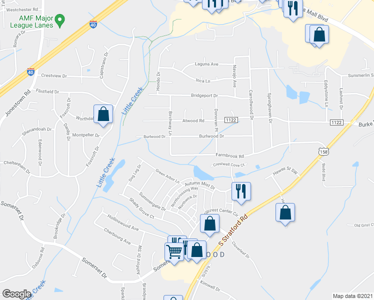 map of restaurants, bars, coffee shops, grocery stores, and more near 2865 Farmbrook Road in Winston-Salem