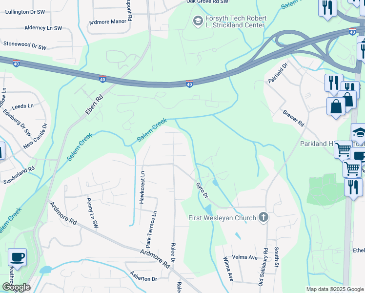 map of restaurants, bars, coffee shops, grocery stores, and more near 1816 Alyssum Place in Winston-Salem
