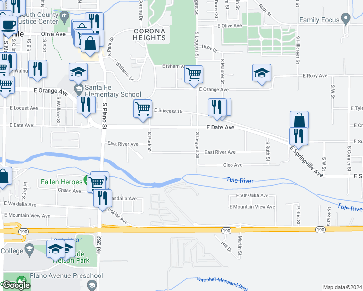 map of restaurants, bars, coffee shops, grocery stores, and more near 734 East River Avenue in Porterville