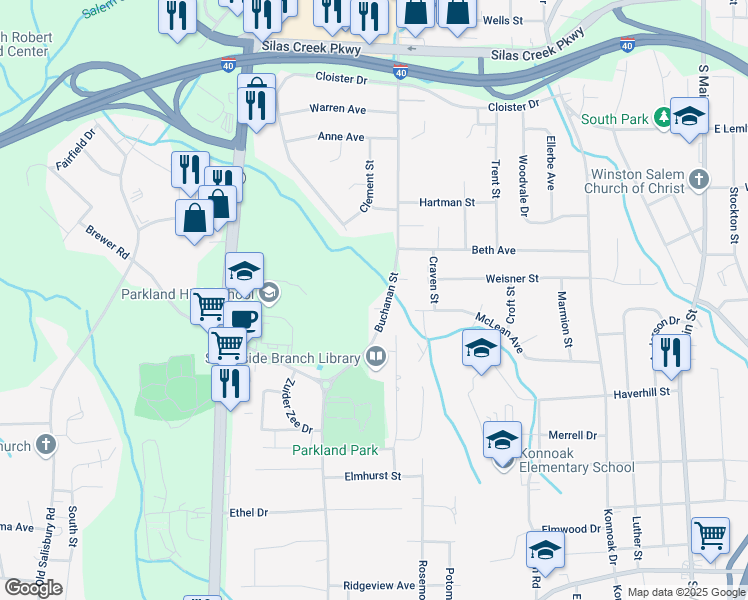 map of restaurants, bars, coffee shops, grocery stores, and more near 3050 Buchanan Street in Winston-Salem
