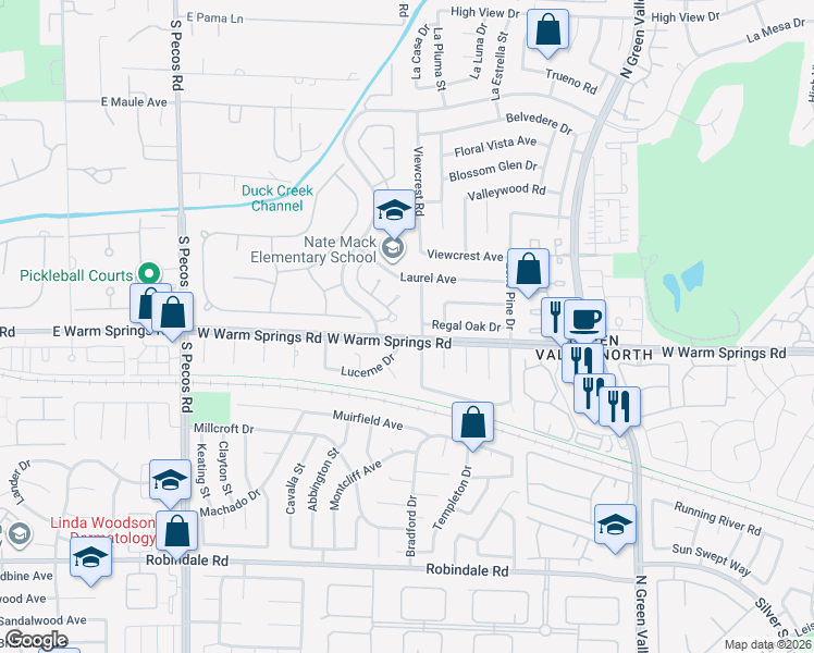 map of restaurants, bars, coffee shops, grocery stores, and more near 6 Hummingbird Lane in Henderson