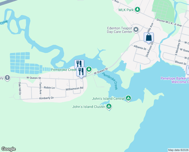 map of restaurants, bars, coffee shops, grocery stores, and more near 1 Old Fish Hatchery Road in Edenton