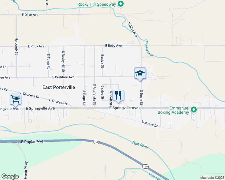 map of restaurants, bars, coffee shops, grocery stores, and more near 484 Bennett Street in Porterville