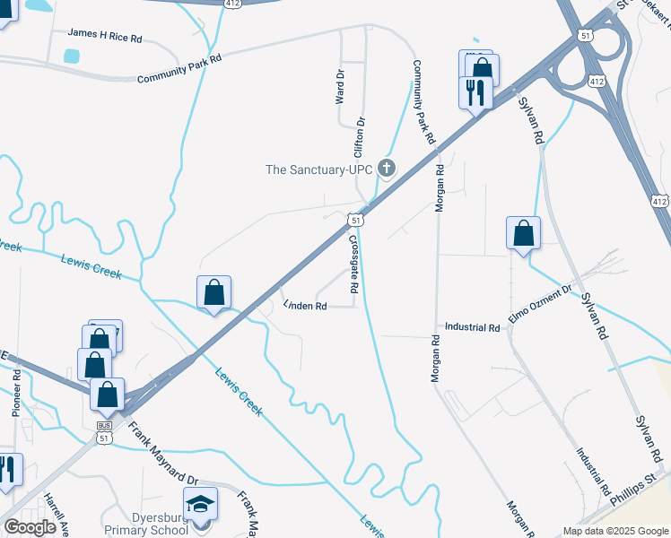 map of restaurants, bars, coffee shops, grocery stores, and more near 2036 Evergreen Place in Dyersburg