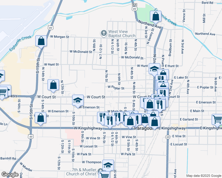 map of restaurants, bars, coffee shops, grocery stores, and more near 622 West Poplar Street in Paragould