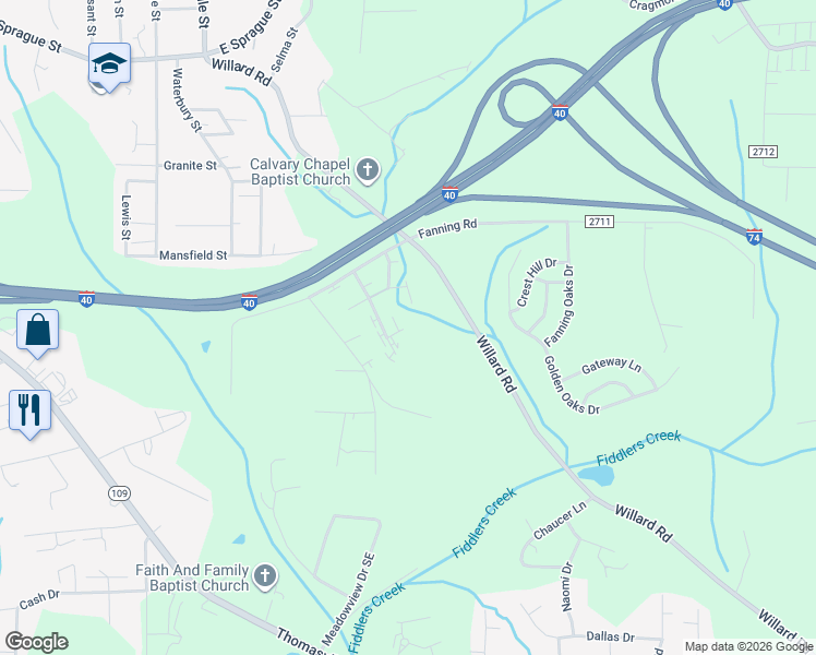 map of restaurants, bars, coffee shops, grocery stores, and more near 1502 Oakshire Court in Winston-Salem