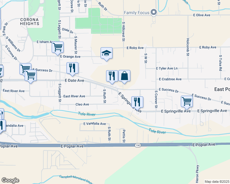 map of restaurants, bars, coffee shops, grocery stores, and more near 1147 East Date Avenue in Porterville