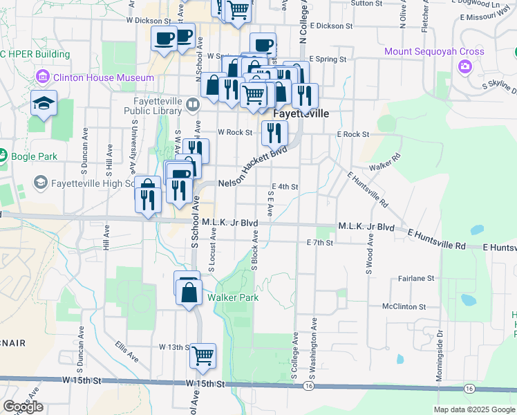 map of restaurants, bars, coffee shops, grocery stores, and more near 31 West 5th Street in Fayetteville