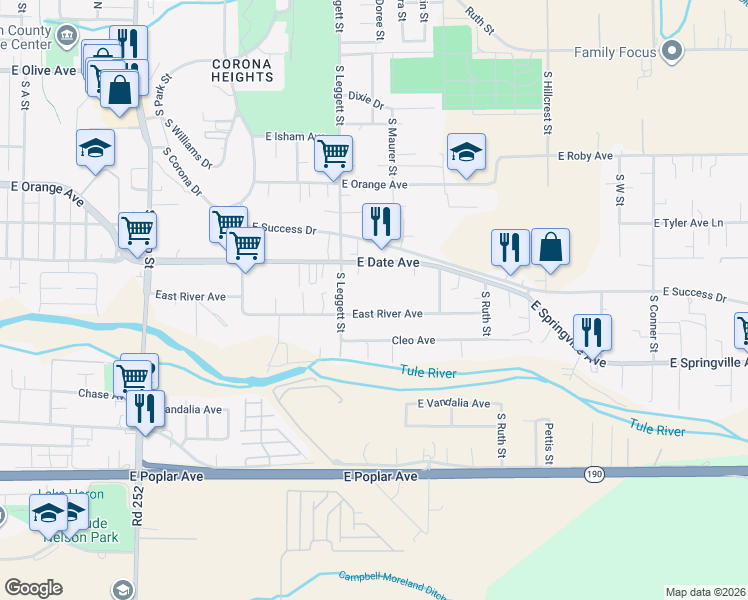 map of restaurants, bars, coffee shops, grocery stores, and more near 866 East River Avenue in Porterville