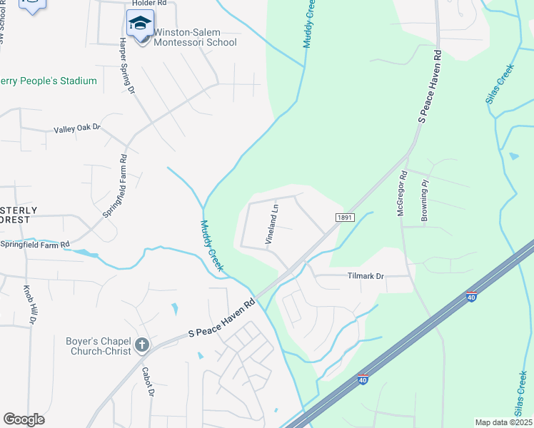 map of restaurants, bars, coffee shops, grocery stores, and more near 2210 Vineland Ln in Winston-Salem