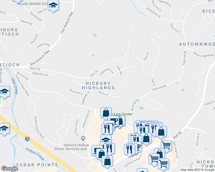 map of restaurants, bars, coffee shops, grocery stores, and more near 4517 Highland Ridge Drive in Nashville