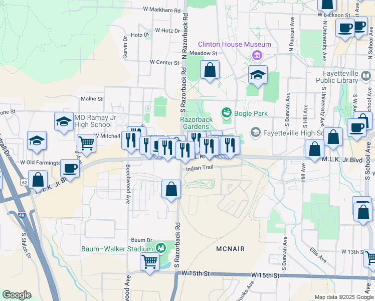 map of restaurants, bars, coffee shops, grocery stores, and more near 521 South Razorback Road in Fayetteville