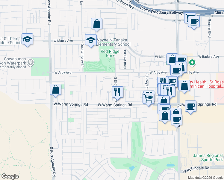 map of restaurants, bars, coffee shops, grocery stores, and more near 9050 West Warm Springs Road in Las Vegas