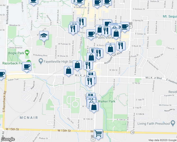 map of restaurants, bars, coffee shops, grocery stores, and more near 557 South School Avenue in Fayetteville