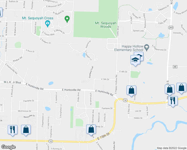 map of restaurants, bars, coffee shops, grocery stores, and more near 1550 East 5th Street in Fayetteville