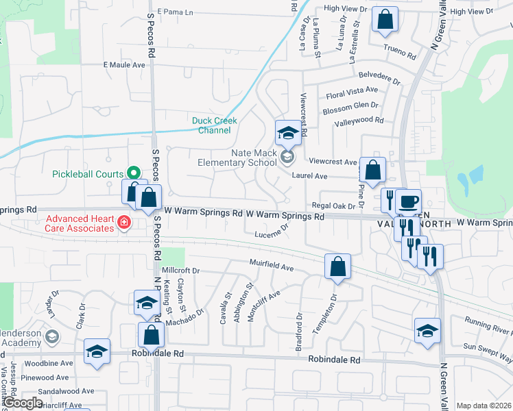 map of restaurants, bars, coffee shops, grocery stores, and more near 5 Quail Run Road in Henderson