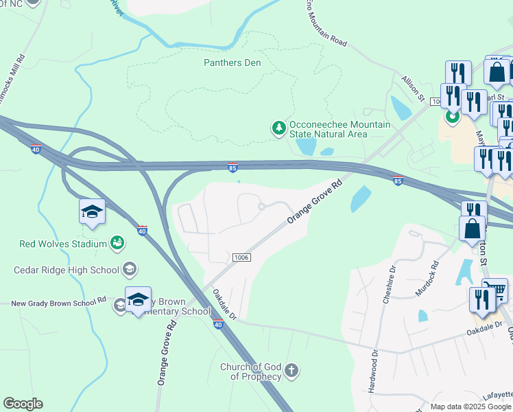 map of restaurants, bars, coffee shops, grocery stores, and more near 900 Ranger Drive in Hillsborough