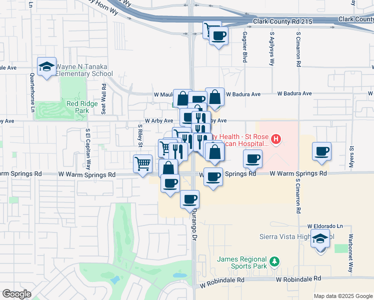 map of restaurants, bars, coffee shops, grocery stores, and more near 7215 South Durango Drive in Las Vegas