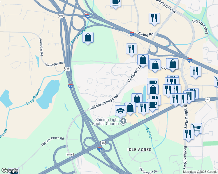 map of restaurants, bars, coffee shops, grocery stores, and more near 5725 Bramblegate Road in Greensboro