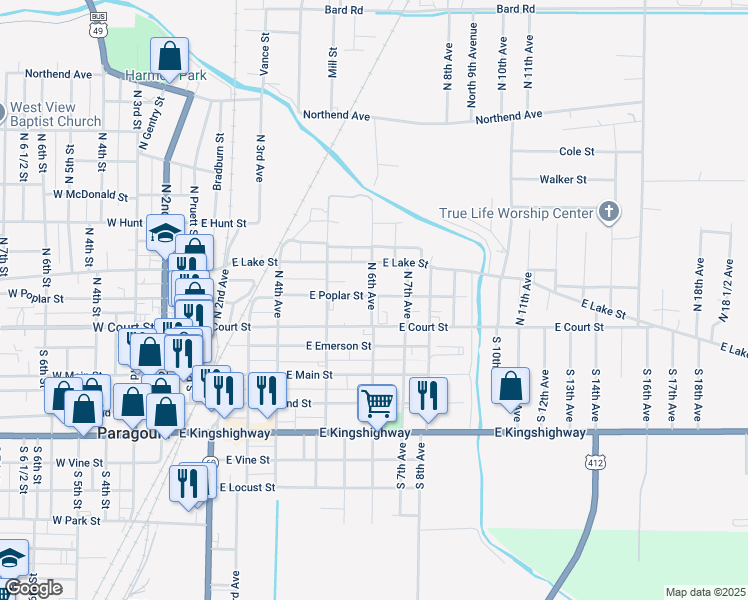 map of restaurants, bars, coffee shops, grocery stores, and more near 604 East Poplar Street in Paragould