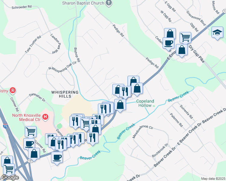 map of restaurants, bars, coffee shops, grocery stores, and more near 925 Chip Cove Lane in Knoxville