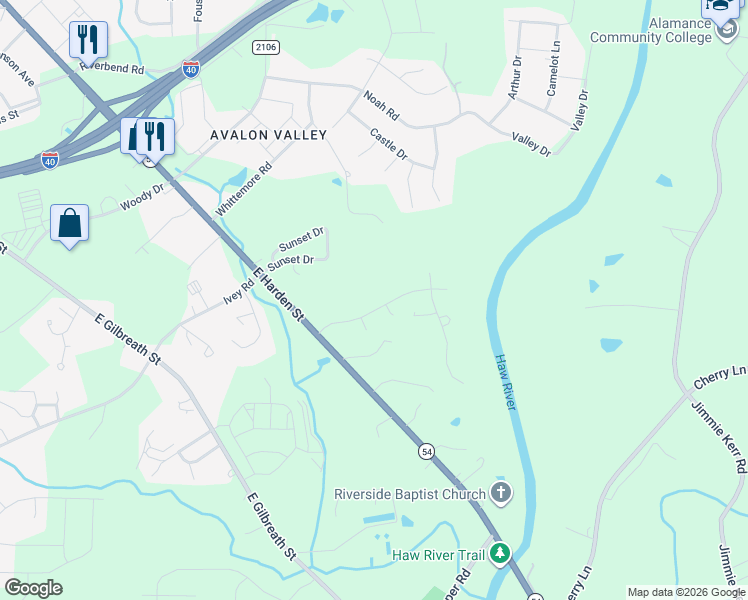 map of restaurants, bars, coffee shops, grocery stores, and more near 1214 Raspberry Run in Graham