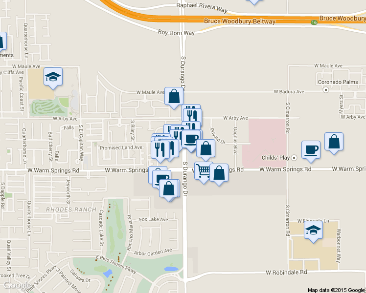 map of restaurants, bars, coffee shops, grocery stores, and more near 7215 South Durango Drive in Las Vegas